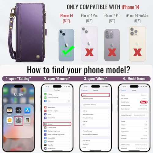 Defencase for iPhone 14 Wallet Case with RFID Blocking Card Holder, Purple | Durable Soft PU Leather, with Zipper Pocket, Wrist Strap, Fashion Snap Flip Phone Cases Cover with Stand for Women and Men - color: Purple
