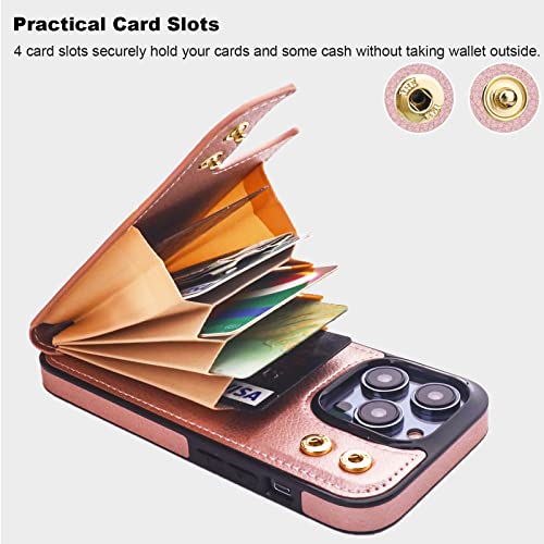 Folosu Compatible with iPhone 14 Pro Case Wallet with Card Holder, 360°Rotation Finger Ring Holder Kickstand, RFID Blocking Leather Protective Double Buttons Shockproof Cover 6.1 Inch Rose Gold - color: Rose Gold, size: iPhone 14 Pro