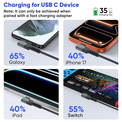 90 Degree USB C Cable 10FT Fast Charging, 60W Right Angle Type C to USB-C