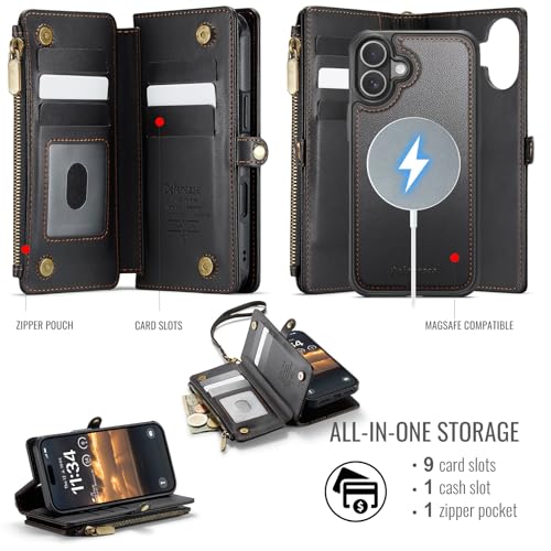 Defencase for iPhone 17 Phone Case Wallet Compatible with Magsafe, Black | Magnetic Detachable, Drop-Proof Protective Wallet Cases Cover, with RFID Bolcking Card Holder, Zipper Strap, Soft PU Leather - color: (Detachable with Magsafe)-Black
