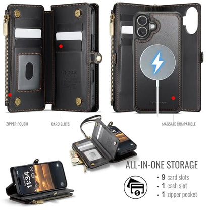 Defencase for iPhone 17 Phone Case Wallet Compatible with Magsafe, Black | Magnetic Detachable, Drop-Proof Protective Wallet Cases Cover, with RFID Bolcking Card Holder, Zipper Strap, Soft PU Leather - color: (Detachable with Magsafe)-Black