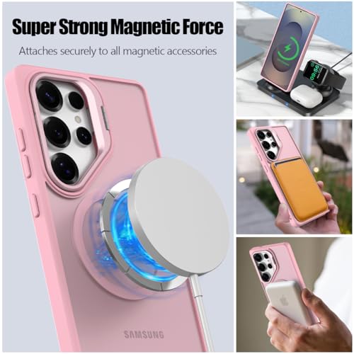 Nvollnoe for Samsung S25 Ultra Case Compatible with MagSafe Military Grade Shockproof Heavy Duty Protective Adjustable Kickstand Matte Semi Clear Phone Cover for Samsung S25 Ultra(Pink) - color: Pink