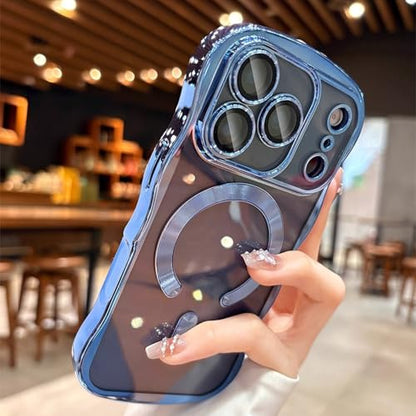Magnetic for iPhone 17 Pro Max Case Clear Supports Wireless Charging Anti Yellow Wave Frame 17 Pro Max Case with Camera Len Protector Luxury Plating Soft TPU Shockproof Phone Cover 6.9", Titanium Blue - color: Blue