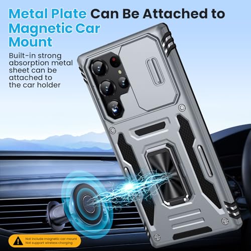 for Samsung Galaxy S22 Ultra Case with 2 PCS HD Screen Protector, Military Grade Protection Metal 360 ° Rotating Ring Kickstand Slide Camera Cover, Shockproof for Galaxy S22 Ultra Case, Gray | 2 PCS HD Screen Protector, Magnetic Metal 360 ° Rotating Kicks