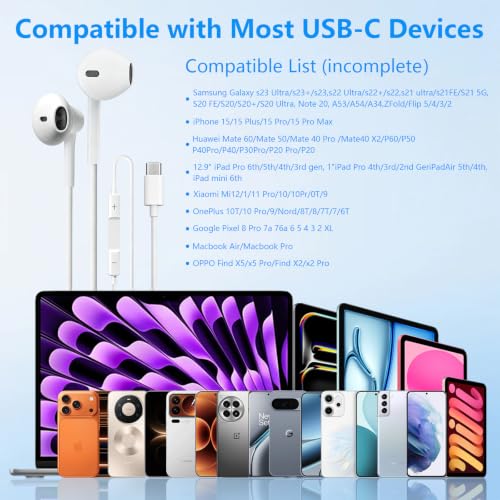 5 Pack USB C Headphones with Microphone Volume Control for iPhone 17/16/15 Pro Max iPad Plus Type-C USB-C Wired Earbuds USB Type C Earphone for Samsung S25 Ultra S24 S23 S22 （1.2M/4Ft）