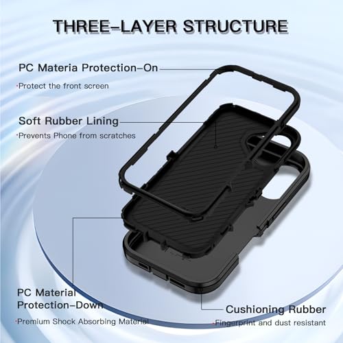 for iPhone 16 Case Heavy Duty Protective Shockproof Dropproof 3-Layer Full Body Protection [Without Screen Protector] Tough Rugged Cover for Apple iPhone 16 6.1 inch 2024,Black - color: Black
