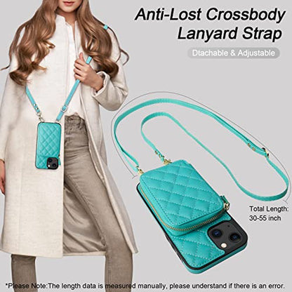 Bocasal Crossbody Wallet Case Card Holder for iPhone 13, Mint Green | RFID Blocking PU Leather Zipper Handbag Purse, Kickstand Flip Folio Case with Card Slots Holder Wrist Strap Lanyard 6.1 Inch - color: Green