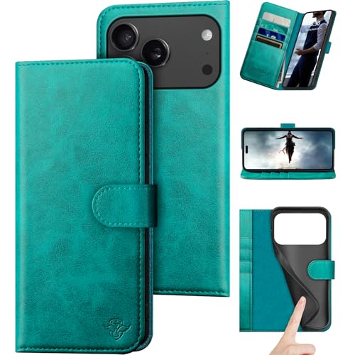 DuckSky Compatible with iPhone 17 Pro Max 6.9" Genuine Leather Wallet case【RFID Blocking】【4 Credit Card Holder】【Real Leather】 Flip Phone case Cover Women Men for Apple 17 Pro Max case Blue Green - color: Blue Green