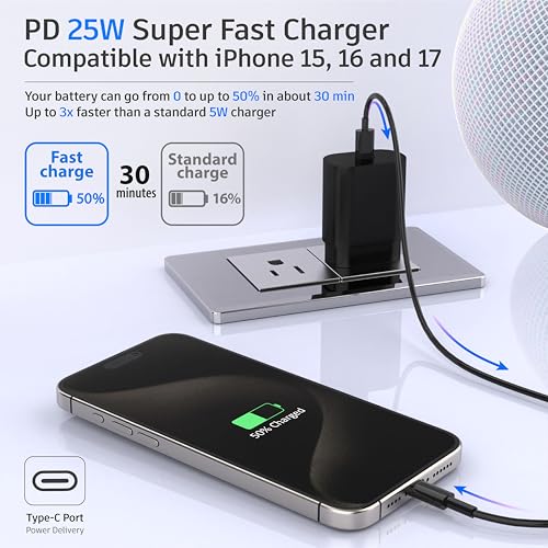 TT&C 2-Pack 25W USB C Fast Charger with 6FT Long Cable (Black) - color: Black, size: 6ft