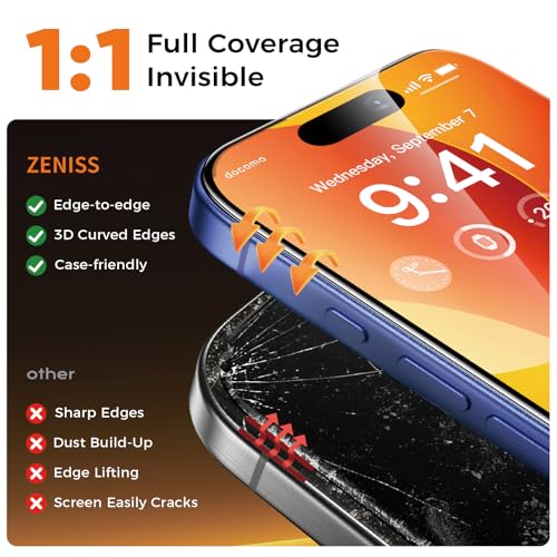 Zeniss NeverBreak 9H+ Hardness for iPhone 16 Plus Screen Protector 12FT Military Grade Protection (Scratch, Shatter, Drop Resistance) Tempered Glass 6.7", 2 Pack with De-Bubble Card, Clear - size: iPhone 16 Plus