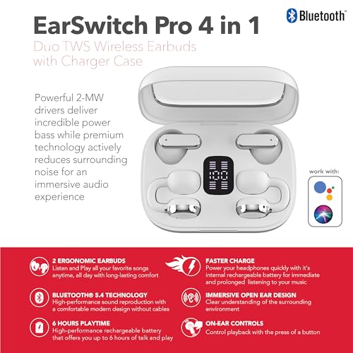 RCA EarSwitch Pro 4-in-1 Duo TWS Wireless Earbuds, Bluetooth 5.4 Open-Ear & in-Ear Dual Buds with LED Charging Case, Touch Control, Built-in Mic, 6H Playtime for Sport & Office (White) - color: White
