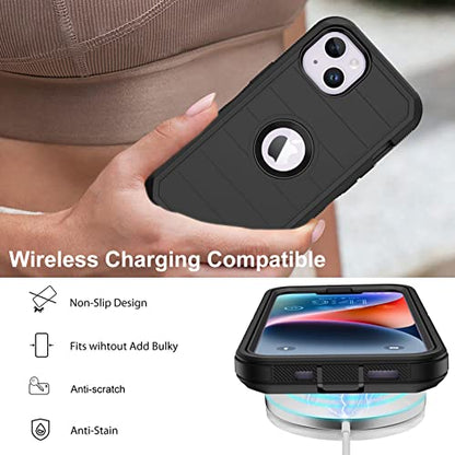for iPhone 14 Case with 2 Screen Protector,Full Body Shockproof Drop Protection Dust Proof Heavy Duty 3-Layer Rugged Durable Military Grade Cover for Apple iPhone 14 6.1" (Black) - color: Black II