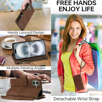 RANYOK Compatible with iPhone 16 Case Wallet - PU Leather Wallet Case for iPhone 16 with Credit Card Holder RFID Blocking Zipper Pocket with Wrist Strap Flip Folio Protective Case (Brown) - color: Brown, size: iPhone 16, 6.1"