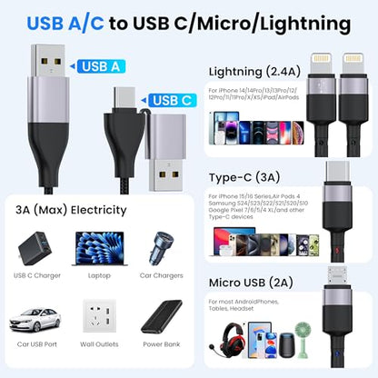 100W 6ft Multi USB Charging Cable, USB C and Lightning Fast Charging Cable 2-in-1, Durable Nylon Braided Multi Charger Cord for iPhone 17 16 15 14 13 12, iPad, Galaxy, Note, MacBook & More - Black - style: 6-in-1 6FT