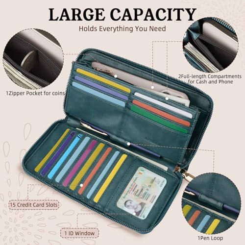 APHISON Wallet Women Large Capacity Clutch Purse For Ladies Card Holder RFID Wristlet Phone Zipper Coin Travel Pocket - color: 07-peacock blue
