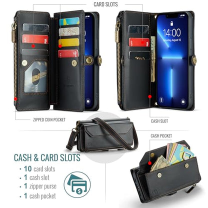 Strapurs Wallet Case Compatible with iPhone 13 Pro Max RFID Blocking 10-Card Holder Soft PU Leather Magnetic Snap Shoulder Strap Zipper Pocket Phone Case Fit for iPhone 13 Pro Max - Black | RFID Blocking 10-Card Holder, Shoulder Lanyard, Wirst Strap, Zipp