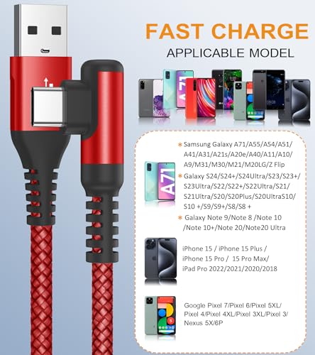 USB to USB C Cable Right Angle 3.1A Fast Charger Carplay 2-Pack 3.3ft Red - color: red, size: 3.3ft+3.3ft