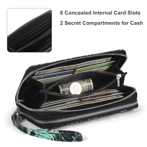 RFID Blocking Cellphone Wallet for Women with Wrist Strap, Double Zipper Travel Clutch Purse Large Capacity, Palm Leaf - color: Green Palm Leaf