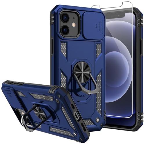 for iPhone 12/ iPhone 12 Pro Case with Camera Lens Cover, Blue | HD Screen Protector, 16 FT Military Grade Drop Protection, Magnetic Kickstand Rugged Shockproof Protective Cove - color: Blue
