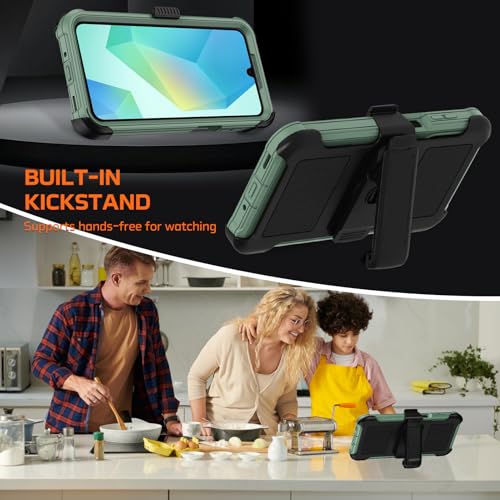 for Samsung Galaxy A16 5G Case with Belt Clip Holster & Kickstand,Military Grade Drop Tested Shockproof Heavy Duty Rugged Cover,w/2X Screen Protectors Defender Bumper Protective Cases (Dark Green) - color: Dark Green