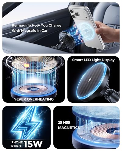 Estbuc 2-in-1 15W Magsafe Car Mount Charger, Magnetic Wireless Car Charger
