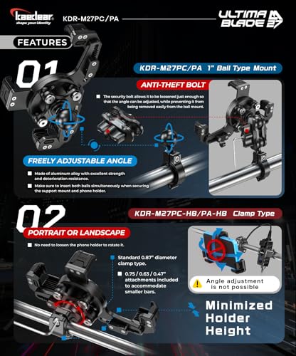 Kaedear Aluminum Motorcycle Phone Mount, Anti-Theft, KDR-M27PC-BK - style: 1" Ball - Black