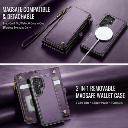 Defencase for Galaxy S25 Ultra Case Wallet Compatible with Magsafe, Purple | Magnetic Detachable, RFID Bolcking Card Holder, Zipper Strap, PU Leather Drop-Proof Phone Cover for Samsung Galaxy S25 Ultra - color: (Detachable with Magsafe)-Purple