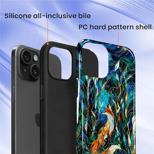 Case Compatible with iPhone 15, Cute Dual Layer Hybrid Phone Cover, Military Grade Drop Protection, Aesthetic Shockproof Phone Case for Women Girls, Woodland Fox Stained Glass - color: Woodland Fox Stained Glass, size: Iphone 15