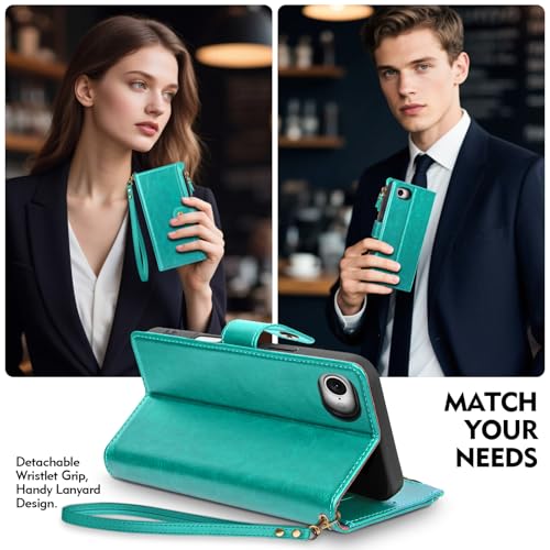 Compatible with iPhone 17e / 16e Wallet Case with Card Holder RFID Blocking Zipper Poket PU Leather Flip Phone Case with Wrist Strap Credit Card Slots Men Women,Blue Green - color: Blue Green