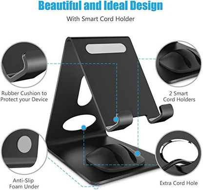 Phone Stand, Premium Phone Holder for iPhones, Android Smartphones & Mini Tablets –Sturdy Metal Phone Stand for Desk with Smart Cord Holder System