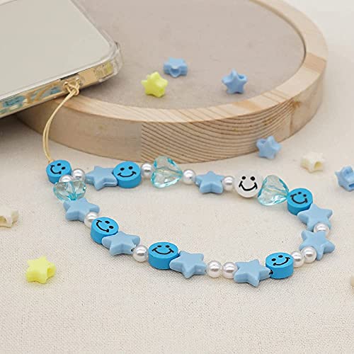 LUSTEMBER Cute Beaded Phone Charm, Smiley Face Wrist Strap, Colorful Handmade Polymer Clay and Pearl Chain - color: Blue