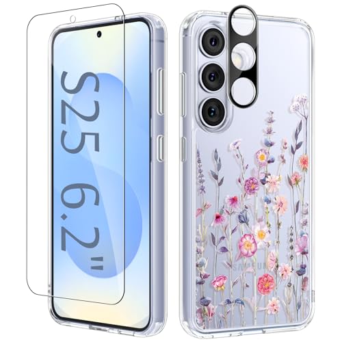 GVIEWIN for Samsung Galaxy S25 Case, Clear Floral Slim Shockproof Protective Women Phone Case, Non-Yellowing, with Screen Protector & Camera Lens Protector for Galaxy S25 6.2", Floratopia/Colorful - color: 1-Floratopia/Colorful, size: For Galaxy S25 6.2"