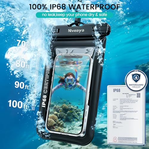 Niveaya Floating Waterproof Phone Pouch, IP68 Waterproof Phone Case with Lanyard for iPhone 17 16 15 Pro Max, Galaxy S25 24 Ultra, Cellphone Dry Bag Beach Cruise Essentials(up to 8.5"-2 Pack) - color: Black+Green