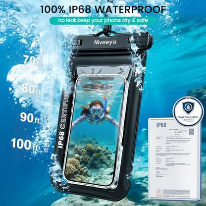 Niveaya Floating Waterproof Phone Pouch, IP68 Waterproof Phone Case with Lanyard for iPhone 17 16 15 Pro Max, Galaxy S25 24 Ultra, Cellphone Dry Bag Beach Cruise Essentials(up to 8.5"-2 Pack) - color: Black+Green