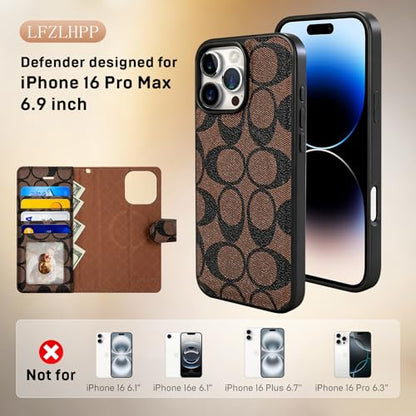 Luxury Designer Wallet Case for iPhone 16 Pro Max, Magnetic Detachable Cover with Card Slots, Kickstand, Wrist Strap, Smartish PU Leather, 6.9 Inch,Brown