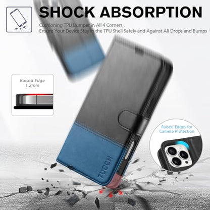 TUCCH Wallet Case for iPhone 16 Pro Max, 4 Card Holders, Black & Light Blue | RFID Blocking, Viewing Stand, Shockproof TPU Shell, PU Leather, Magnetic Closure, Protective Folio Flip Cover - color: Two-tone Black & Light Blue