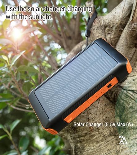 Solar Power Bank 20000mAh Built in Hand Crank and 4 Cables 22.5W Fast Charge Power Bank 5 Outputs & 5 Inputs Solar Portable Charger, SOS/Strobe/Strong Flashlights, Carabiner (Orange)