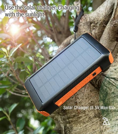 Solar Power Bank 20000mAh Built in Hand Crank and 4 Cables 22.5W Fast Charge Power Bank 5 Outputs & 5 Inputs Solar Portable Charger, SOS/Strobe/Strong Flashlights, Carabiner (Orange)