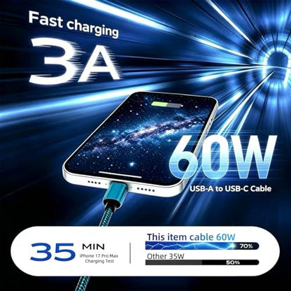 USB C to C Cable 60W 10ft 2-Pack Nylon Braided for iPhone 17/16/15 Blue - color: Blue, size: 10FT