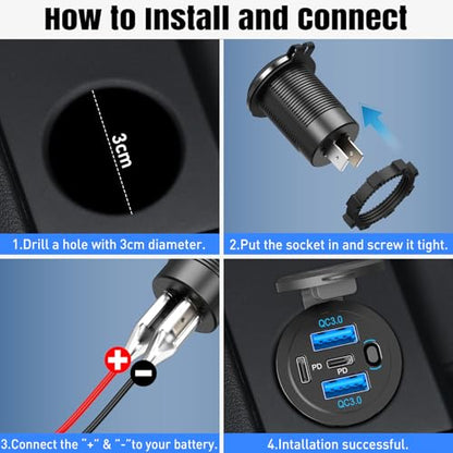2 Pack 90W 12V USB Outlet, Dual PD 30W & Dual QC3.0 USB Car Charging Ports