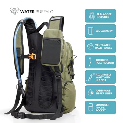 Water Buffalo Sherpa 22L Hiking Hydration Backpack, 2L Bladder | Hiking Backpack with Water Bladder, Waterproof Zippers, Phone Compartment, Trekking Pole Holders, Padded Straps - color: Canopy