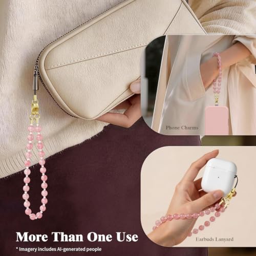 SURPHY Natural Stone Phone Charm, Beaded Phone Wrist Strap with Tether Tab - color: Watermelon Pink