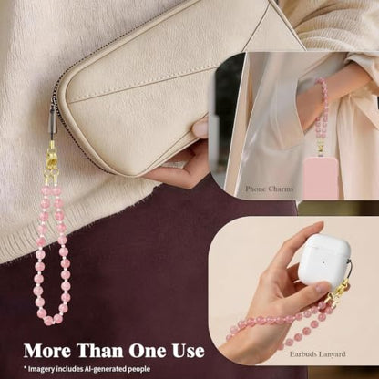 SURPHY Natural Stone Phone Charm, Beaded Phone Wrist Strap with Tether Tab - color: Watermelon Pink
