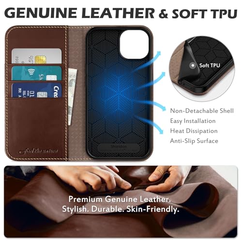 SHIELDON Real Leather Case Wallet for iPhone 13 6.1" 2021, Retro Coffee | TPU Wallet Case with Card Storage Function Anti-Shock [RFID Blocking], 5G 2021 - color: Coffee - Retro