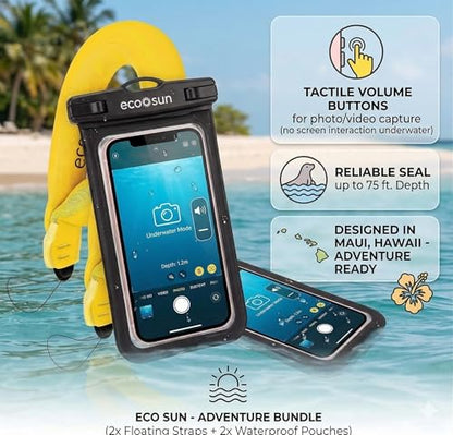Eco Sun Waterproof Phone Pouch & Floating Wrist Strap Bundle (2-Pack Each) – Waterproof Phone Case + Float Strap – Travel & Beach Essentials Designed in Hawaii – Fits iPhone 17 Pro Max, GoPro, Cameras