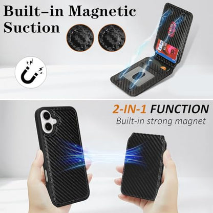 Ｈａｖａｙａ Carbon Fiber Wallet Case for iPhone 16 - Black | Carbon fiber, detachable wallet, 5-card slots & kickstand, MagSafe 15W fast charge, raised bezels - color: Black