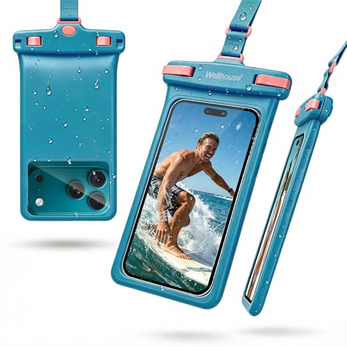 wellhouse 3D Waterproof Phone Pouch with Lanyard,Premium TPU100FT Deep Waterproof Phone Case for iPhone 17 16 15 14 13 12 Pro Max XS Samsung,Snorkeling, Surfing, Kayaking,Skiing,Hot Springs - color: 1 Pack - Blue7.0"