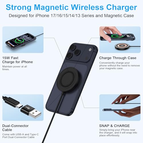 Magnetic Wireless Charger Pad for Samsung Galaxy S26 Ultra S26+ S26 S25 Ultra S24 FE S23,15W Magnet Wireless Fast Charging Station MagSafe Charger for iPhone 17 Pro Max 16Plus 15 14 13,Google Pixel 10 - color: black