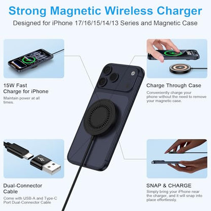 Magnetic Wireless Charger Pad for Samsung Galaxy S26 Ultra S26+ S26 S25 Ultra S24 FE S23,15W Magnet Wireless Fast Charging Station MagSafe Charger for iPhone 17 Pro Max 16Plus 15 14 13,Google Pixel 10 - color: black