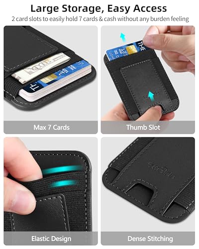 Phone Card Holder, Leather Phone Wallet Stick On, Stronger Adhesive | Fit 7 Cards, RFID Blocking, Card Holder Back of Phone, Credit Card Holder for Phone Case iPhone, Samsung, Black - color: Black